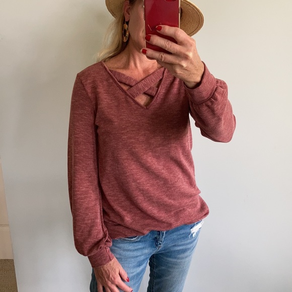 Burgundy, Ribbed Long Sleeve Tunic Top - Picture 2 of 10